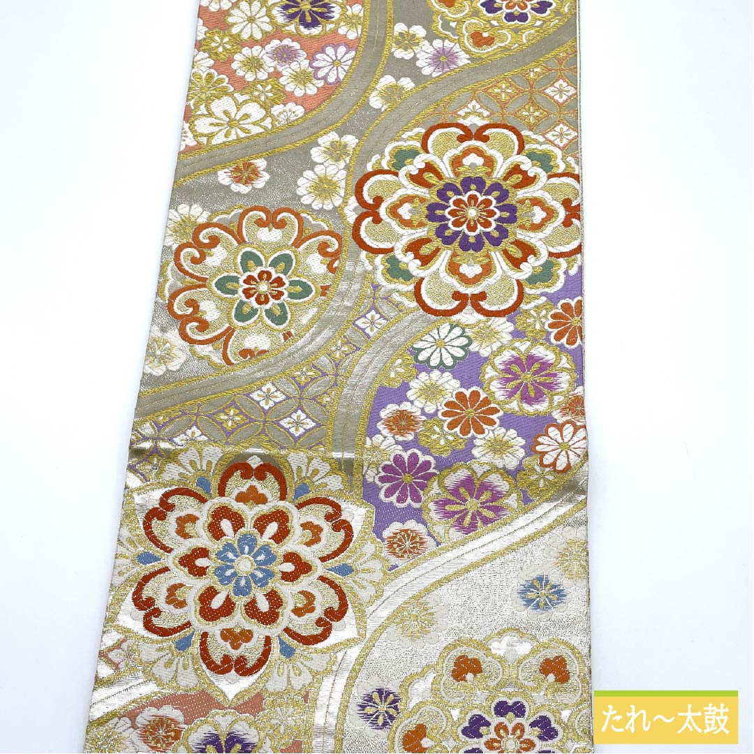 袋帯 正絹 生成り色（きなりいろ） 華文 七宝 桜 菊 帯丈444cm Aランク 六通 フォーマル 銀系 1123012103322