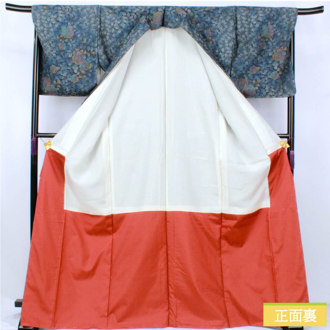 Pure silk tsumugi (pongee) kimono, Grade A, length 171.5cm, sleeve length 68cm, navy blue, rose and leaf motifs, basting thread included, lined, navy blue, product number 1116004373618