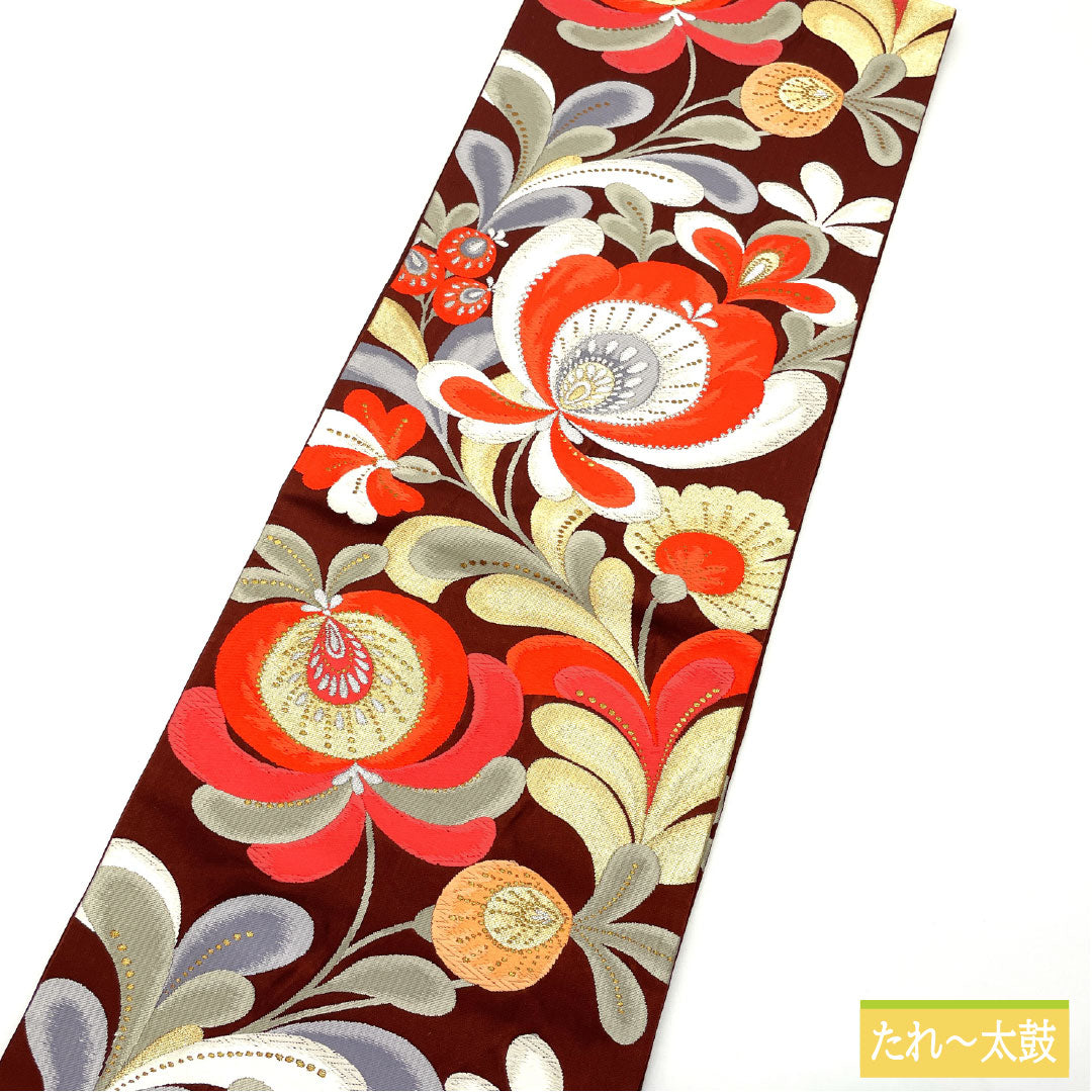 袋帯 正絹 Aランク 褐色色（かっしょくいろ） 西陣織 抽象花 帯丈428cm 六通 セミフォーマル 茶系 1123016163314