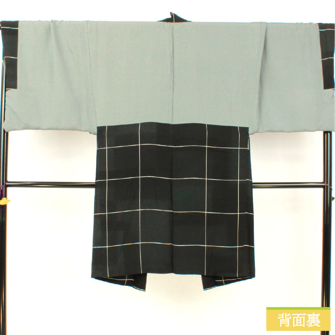 男物 正絹 Sランク 身丈104cm 裄丈75cm 格子 染め しつけ糸付き 黒系 1119001542110
