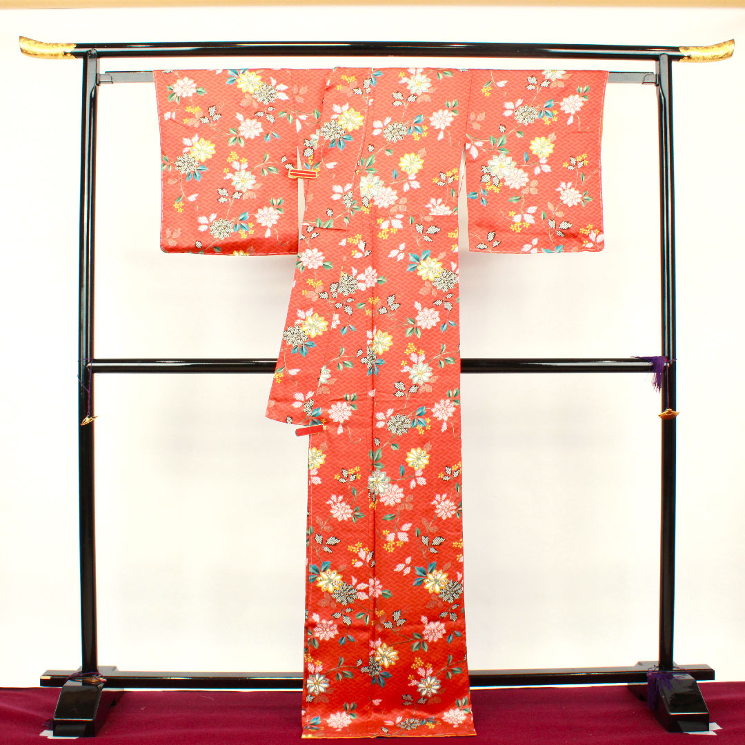 小紋 身丈175cm 裄丈65cm 袷  しつけ糸付き 銀朱色 草花模様  正絹 Sランク 朱系 1115002772816