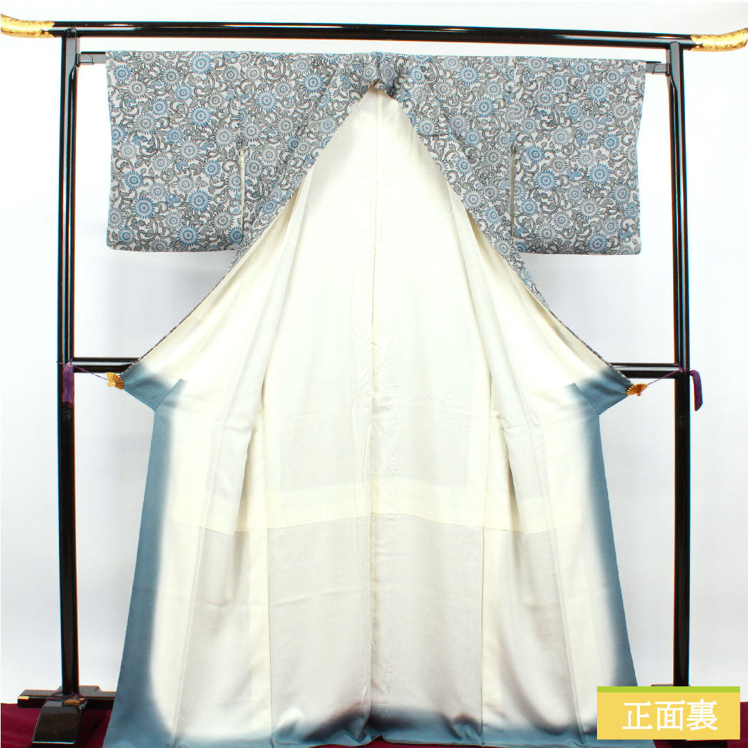 小紋 正絹 身丈172cm 裄丈64cm 袷  白銅色 京紅型 菊  Sランク グレー系 1115003572622