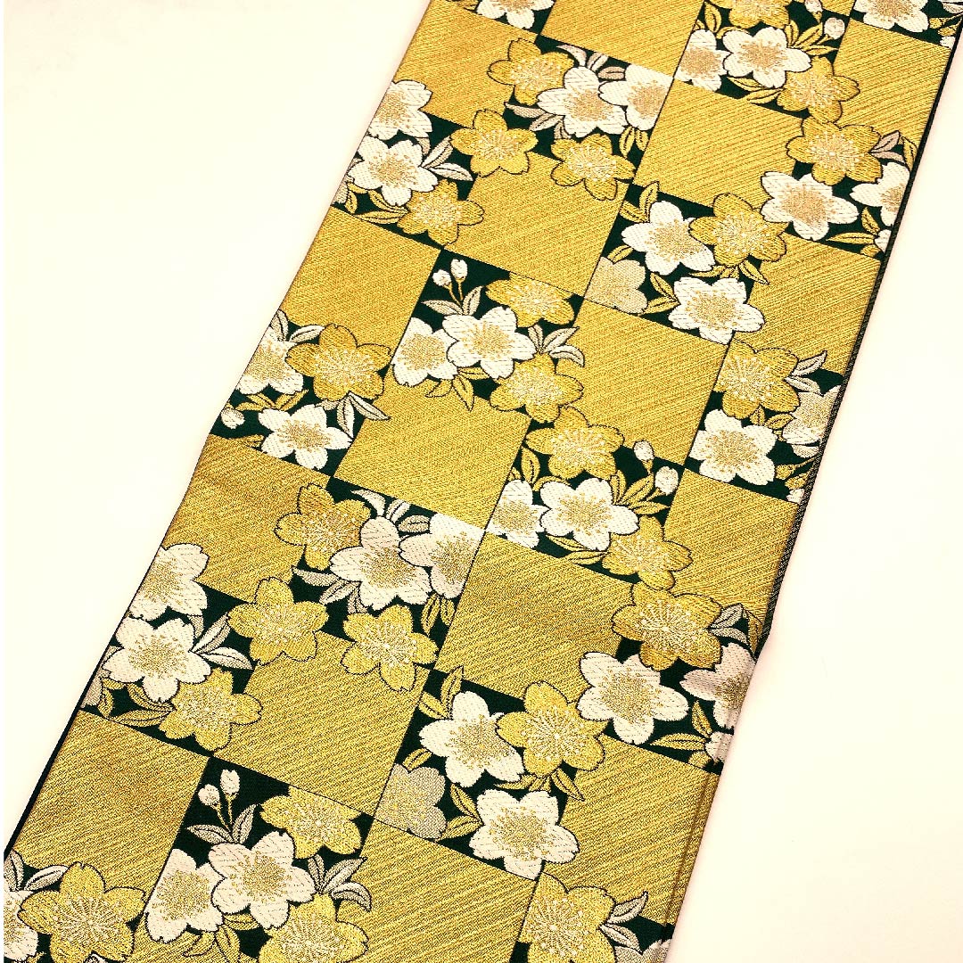 袋帯 琉璃色（リューリースーいろ 桜 市松 帯丈456cm 正絹 Aランク 六通 フォーマル 金系 1123007153421