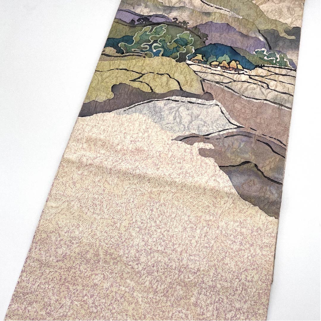 Fukuro Obi (light cherry blossom color) Landscape painting Dyed obi Length 440.5cm Pure silk B rank Six-pass Casual Pink 1123005554313
