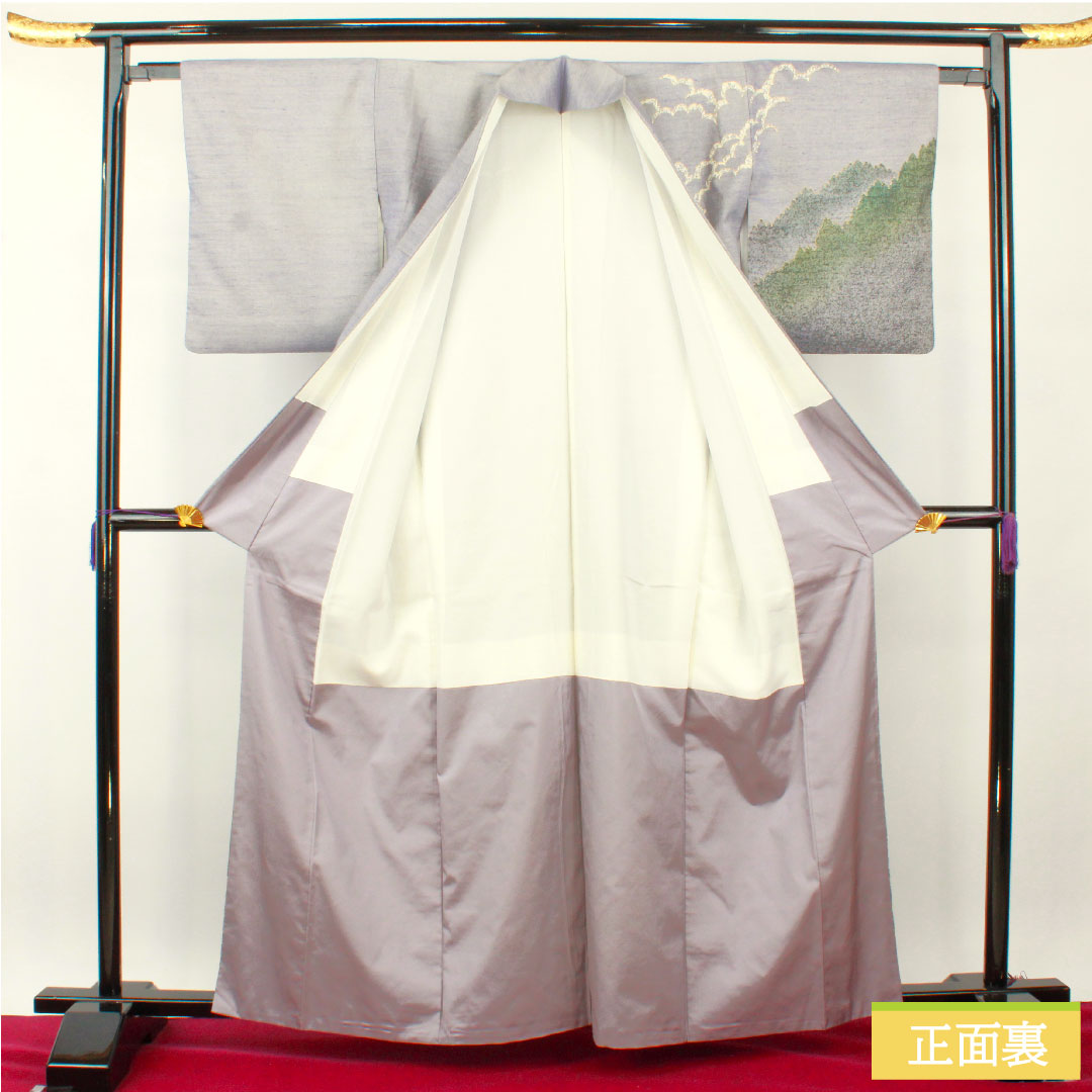 訪問着 正絹 袷 身丈162.5cm 裄丈63cm つるば鼠色（つるばねずいろ） 紬地 風景模様 金通し 作家物 Sランク 紫系 1112004572420