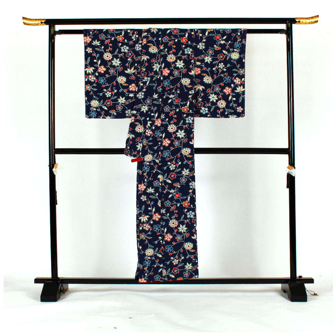 小紋 身丈155cm 裄丈62cm 袷  京紅型 松竹梅 花模様  正絹 Sランク 紺系 1115001202318
