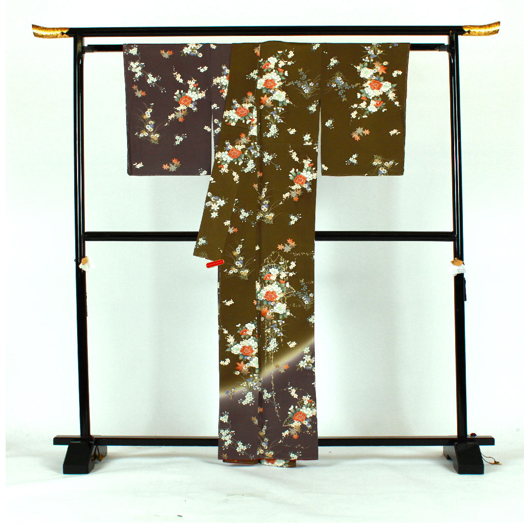 小紋 身丈164cm 裄丈67cm 袷  染め分け 草花模様  正絹 Sランク 緑系 1115001392419