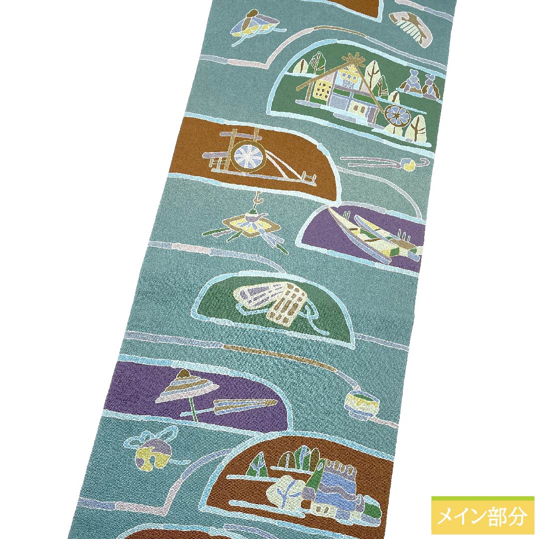 Nagoya obi, indigo blue, crepe fabric, dyed obi, landscape pattern, obi length 369.5cm, pure silk, S rank, full length, casual, green, 1124006092319, Nagoya style