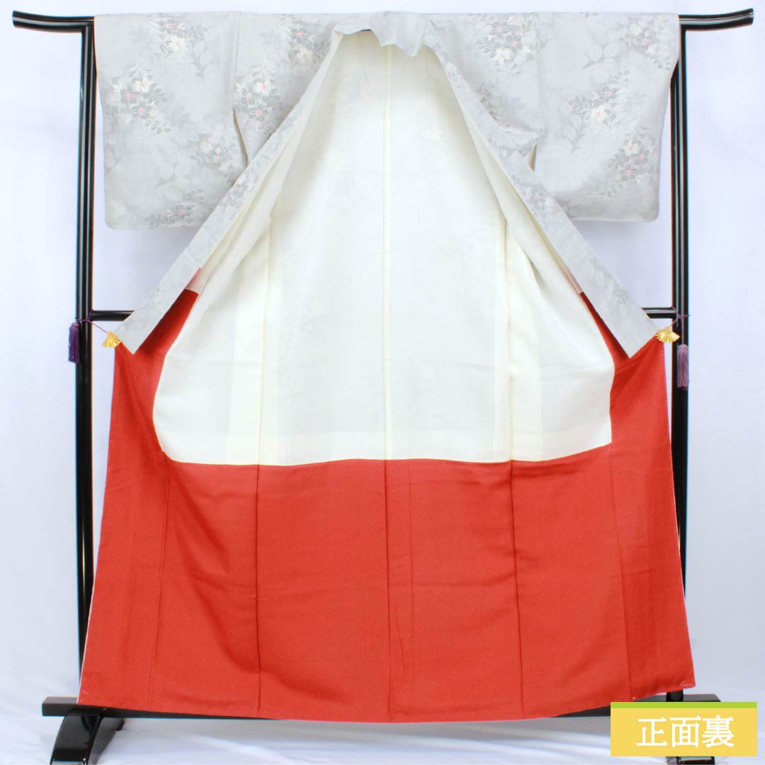 紬 正絹 Sランク 身丈161.5cm 裄丈64.5cm 白鼠色（しろねずいろ） 草花模様 袷 グレー系 1116005082422