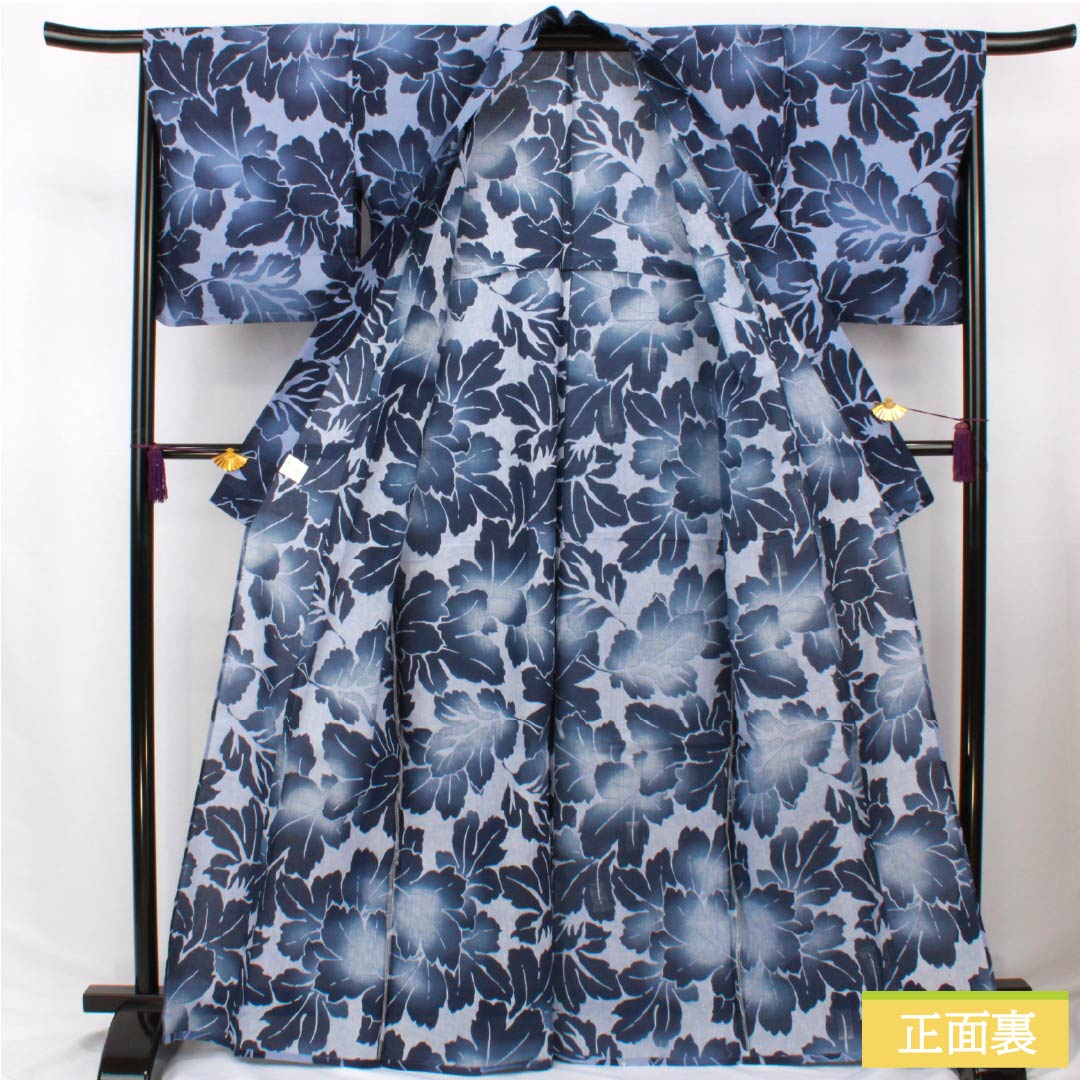 Cotton Yukata, Length 166cm, Sleeve Length 67cm, S Rank, Single Layer, Blue, Aofujiiro (Blue Wisteria) with Leaf Pattern, 1118006612517