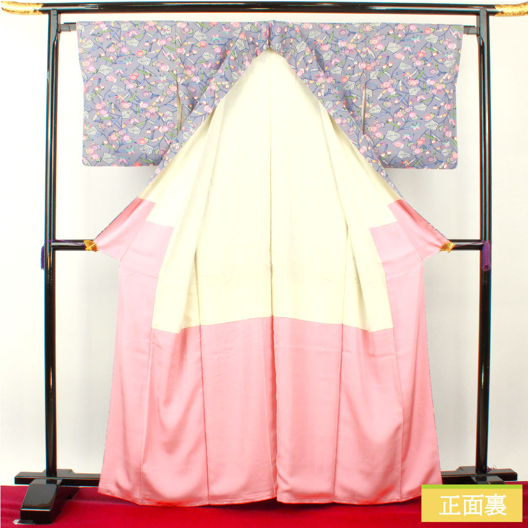 小紋 正絹 身丈164cm 裄丈65cm 袷 つるば鼠色（つるばねずいろ） 京紅型 吉祥文様 Sランク グレー系 1115004442422