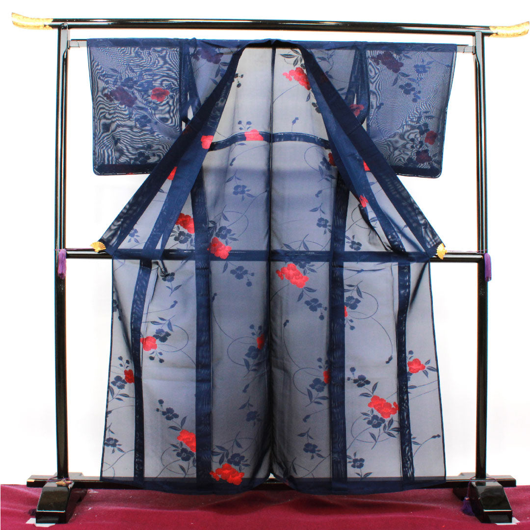 夏物 正絹 小紋 身丈161cm 裄丈64.5cm 濃紺色（のうこんいろ）椿  紗 Sランク 紺系 1132001182418