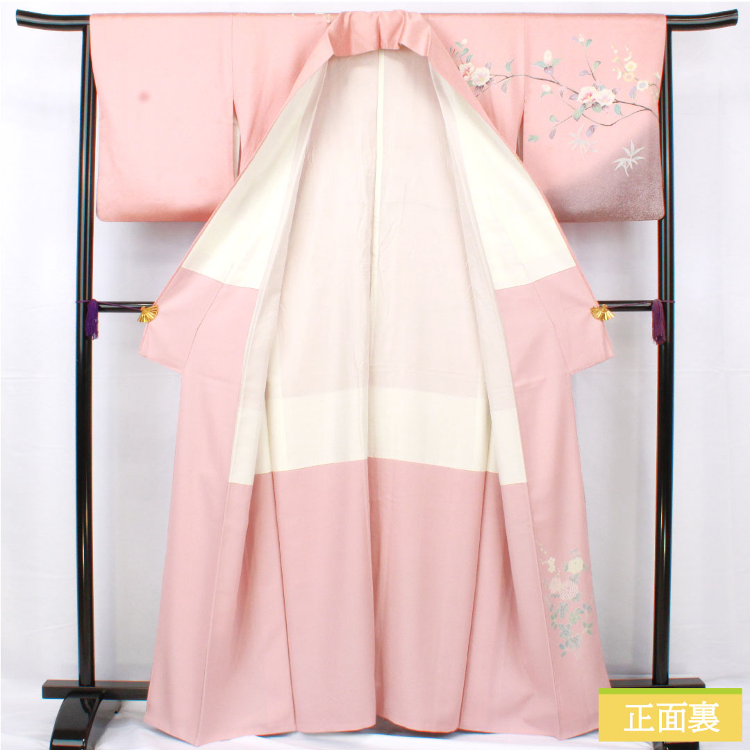 訪問着 正絹 袷 身丈163.5cm 裄丈64.5cm 浅紅色（あさべにいろ） 京友禅 松竹梅 椿 Aランク ピンク系 1112005543413
