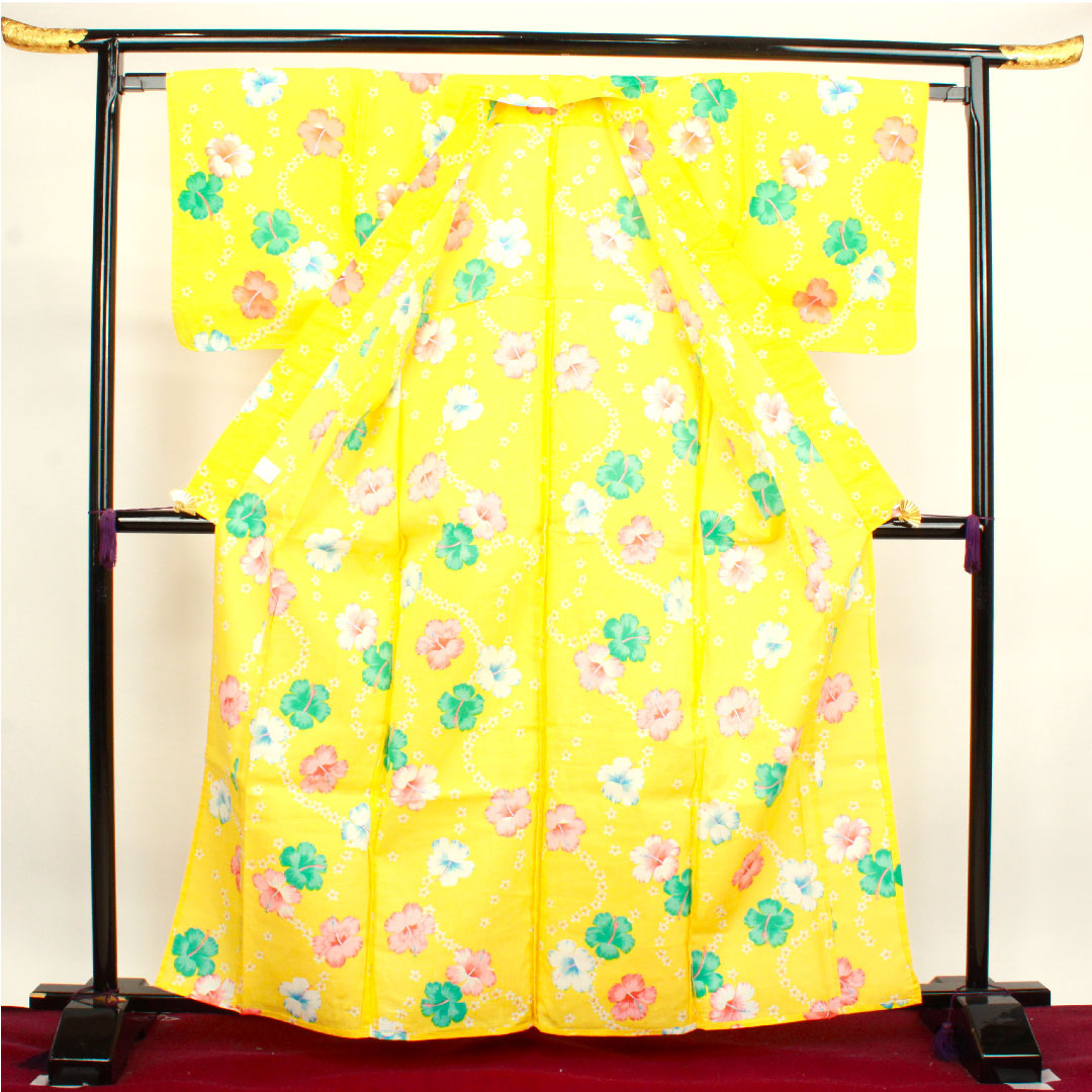 Yukata with basting thread, unused, sunflower color, hibiscus, cotton, S rank, single layer, length 164cm, sleeve length 64.5cm, yellow, 1118002732423