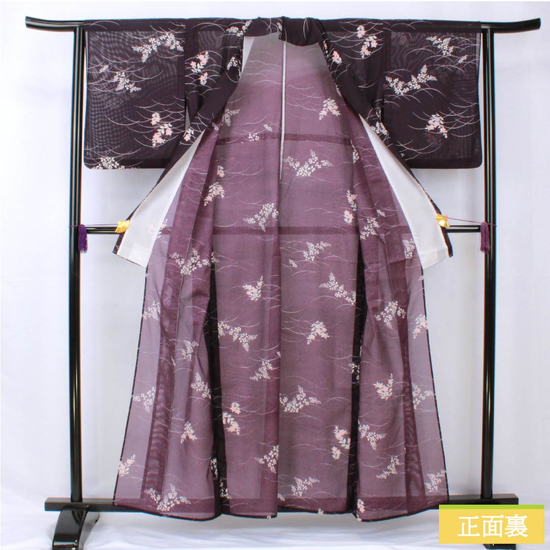 夏物 ポリエステル 小紋 身丈158cm 裄丈63cm 紫烏色（しうしょく） 露芝 草花 洗える着物 絽 Bランク 紫系 1132002044320
