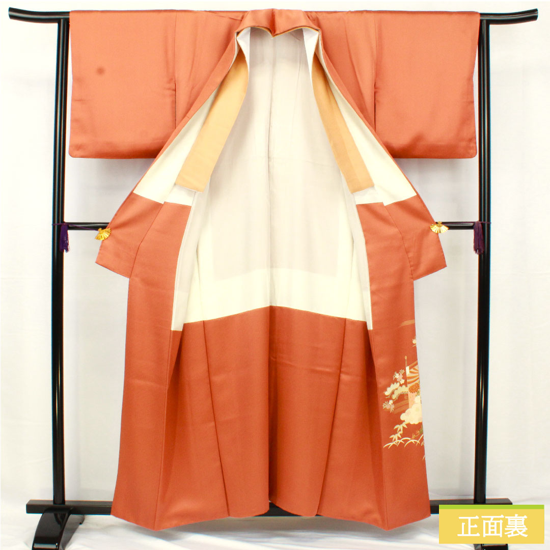 Colored Tomesode, pure silk, length 157cm, sleeve length 63cm, lined, coral color, Kyoto Yuzen, cherry blossom, pine, bamboo, plum, one crest, star and plum blossom, layered collar, A rank, orange, 1111001513326