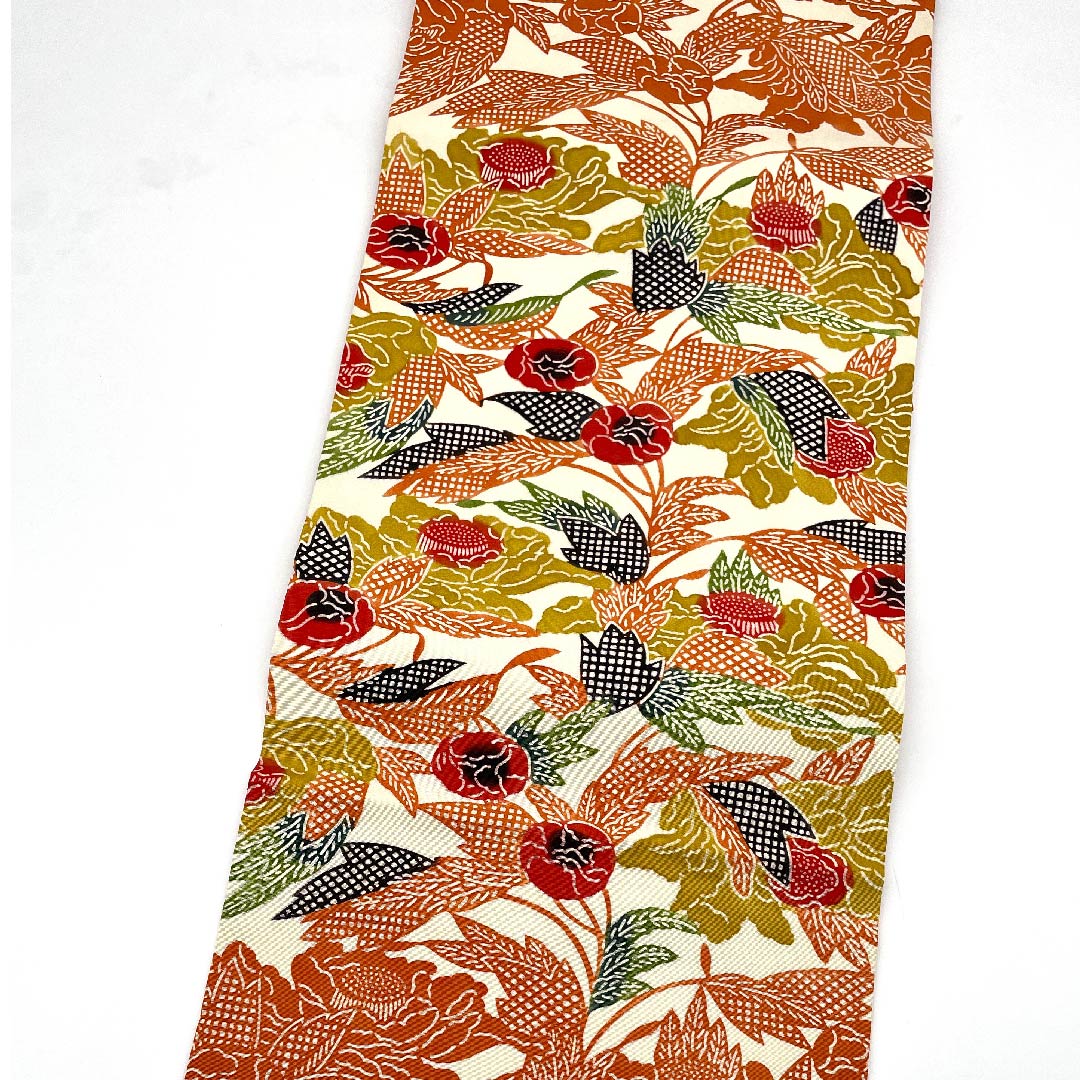 Nagoya obi, red lead, Kyoto Bingata, abstract floral pattern, obi length 363cm, pure silk, S rank, point pattern, casual, orange, 1124004812326, Nagoya style