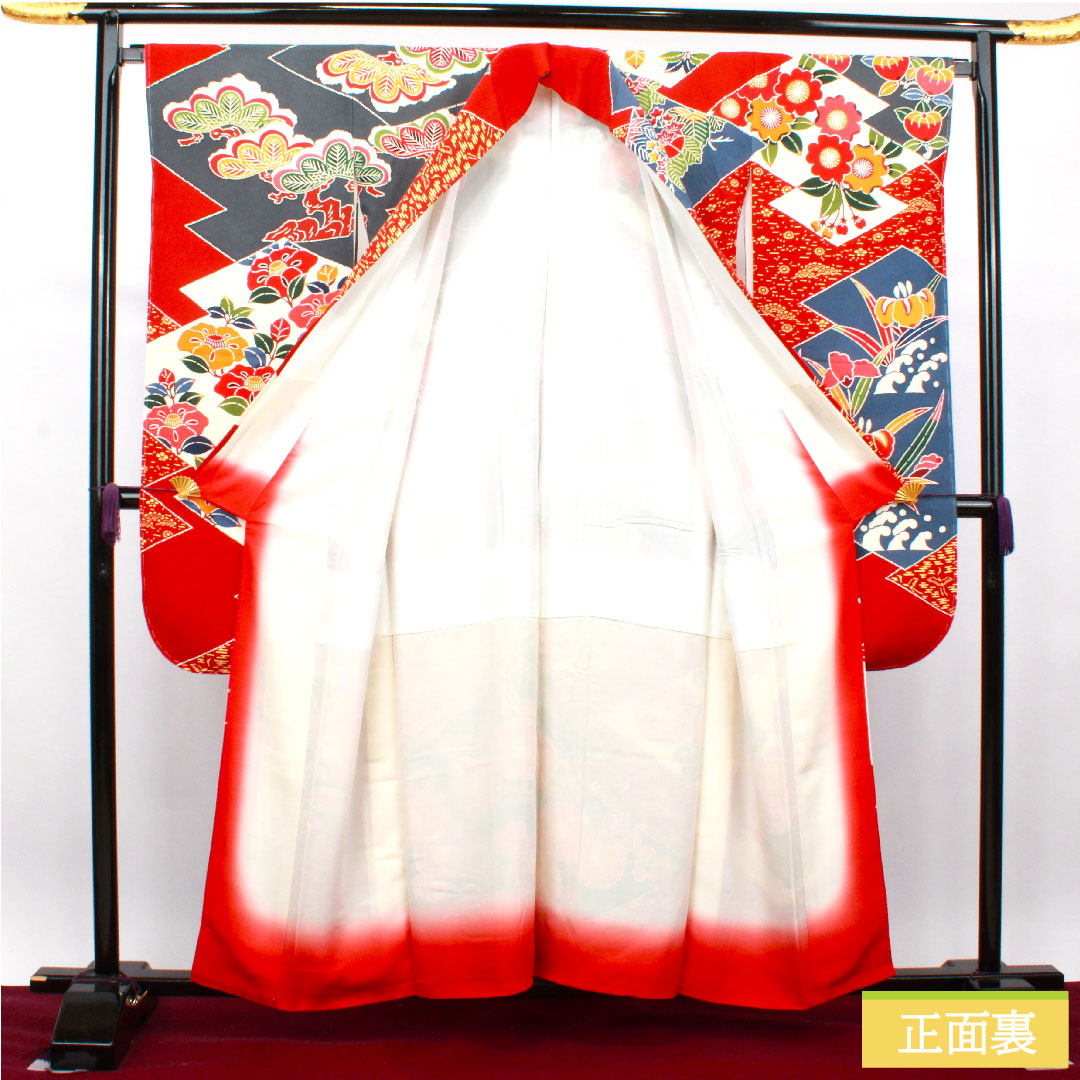 振袖 正絹 身丈157.5cm 裄丈66.5cm 袷  猩々緋色 栗山吉三郎 京紅型 吉祥文様 しつけ糸付き 未使用品  Sランク 赤系 1113001842312