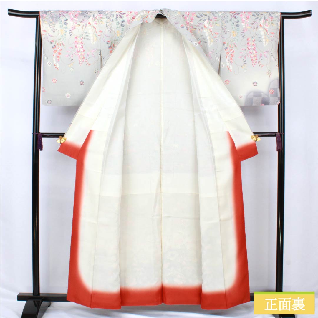 Visiting Kimono, Pure Silk, S Rank, Lined, Length 160cm, Sleeve Length 64cm, Kyoto Yuzen, Wisteria and Cherry Blossom Design, Gray, Product Number: 1112006302422