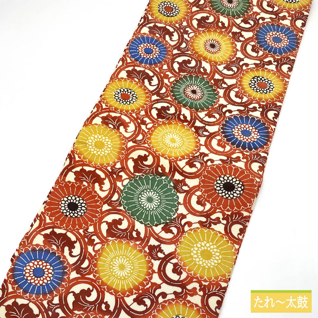 Nagoya obi, natural color (kinariiro), stencil dyeing, chrysanthemum arabesque, obi length 358cm, pure silk, S rank, six-pass, casual, white, 1124007782311, Nagoya tailoring