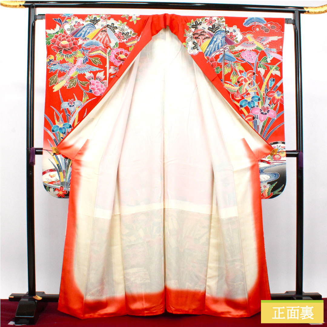 Furisode, pure silk, length 164cm, sleeve length 65.5cm, lined, scarlet, Kyoto Bingata, auspicious motif, S rank, red, 1113001832412