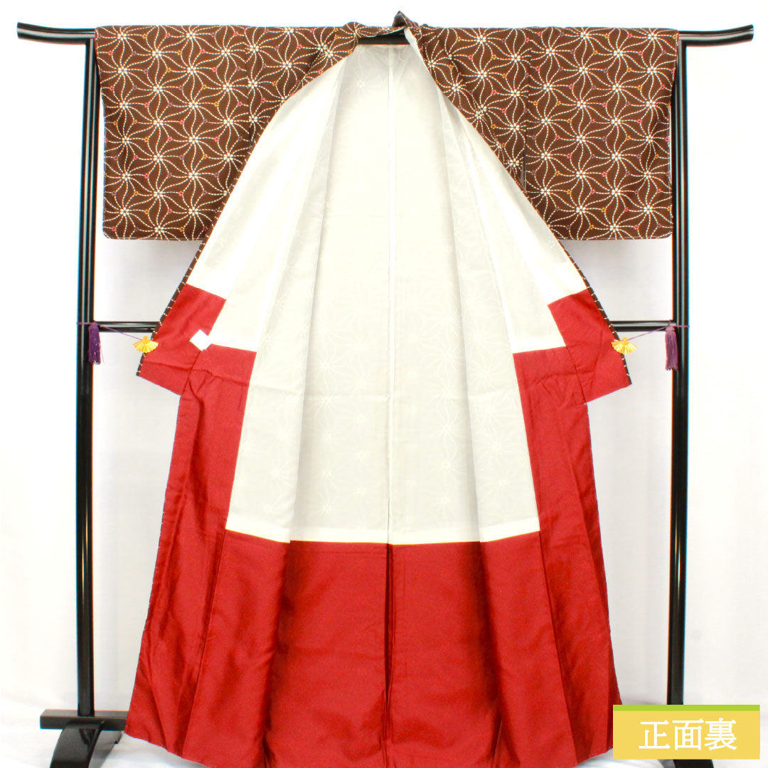 Komon (small pattern) polyester kimono, S rank, length 165cm, sleeve length 64.5cm, lined, earth-black (tsuchiguroiro) color, washable, cherry blossom petal pattern, basting thread included, unused, brown, 1115007642514