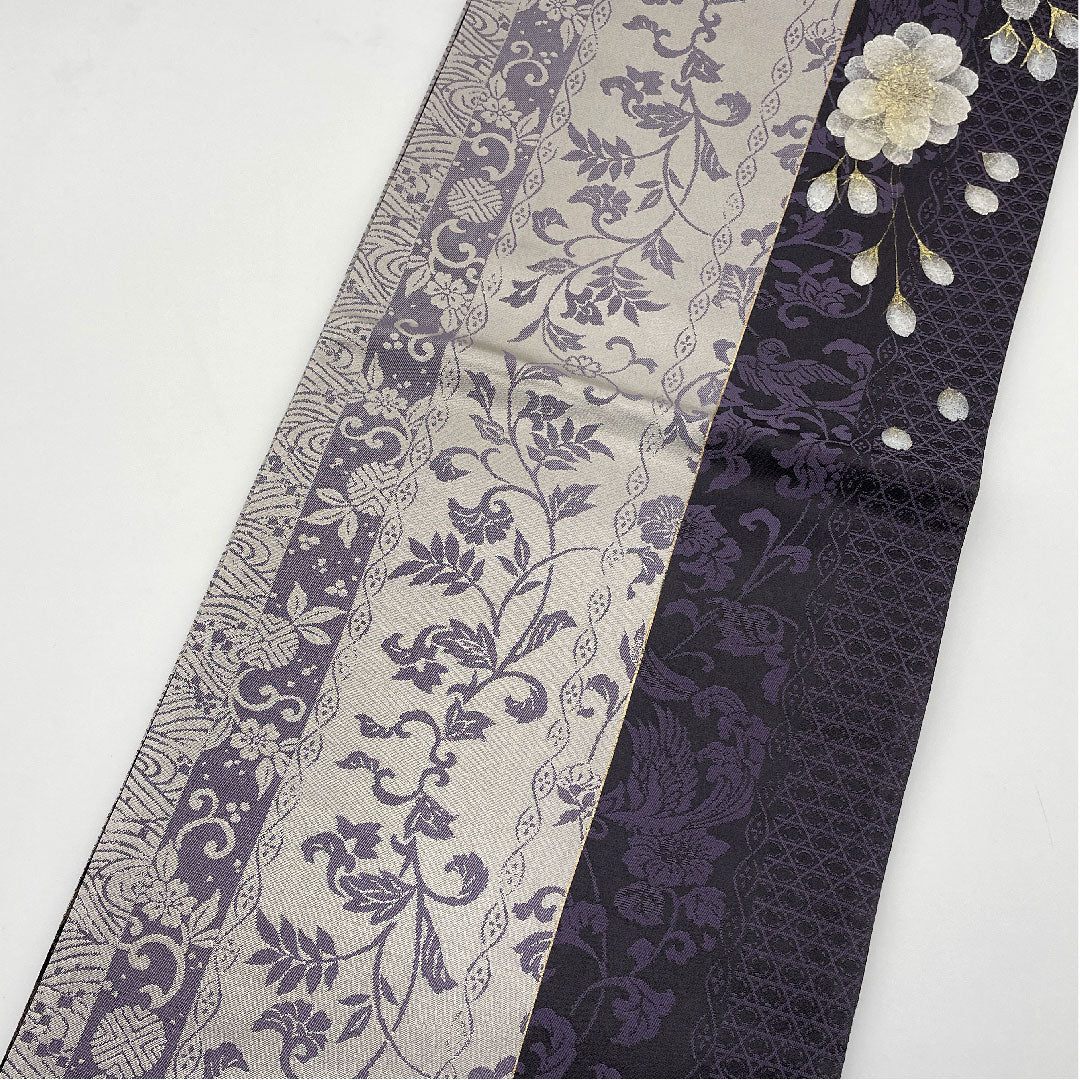 Reversible Fukuro Obi with Sakura Arabesque, Grapes and Phoenix, Length 462cm, Pure Silk, S Rank, Fully Open, Semi-Formal, Gray, 1123004992422