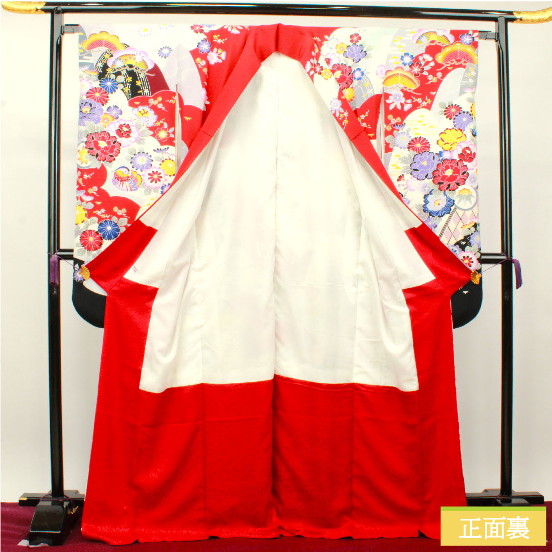 Furisode, pure silk, length 171cm, sleeve length 65cm, lined, Kyoto Yuzen, floral pattern, Seigaiha, mandarin ducks, S rank, gradation style, 1113001802699