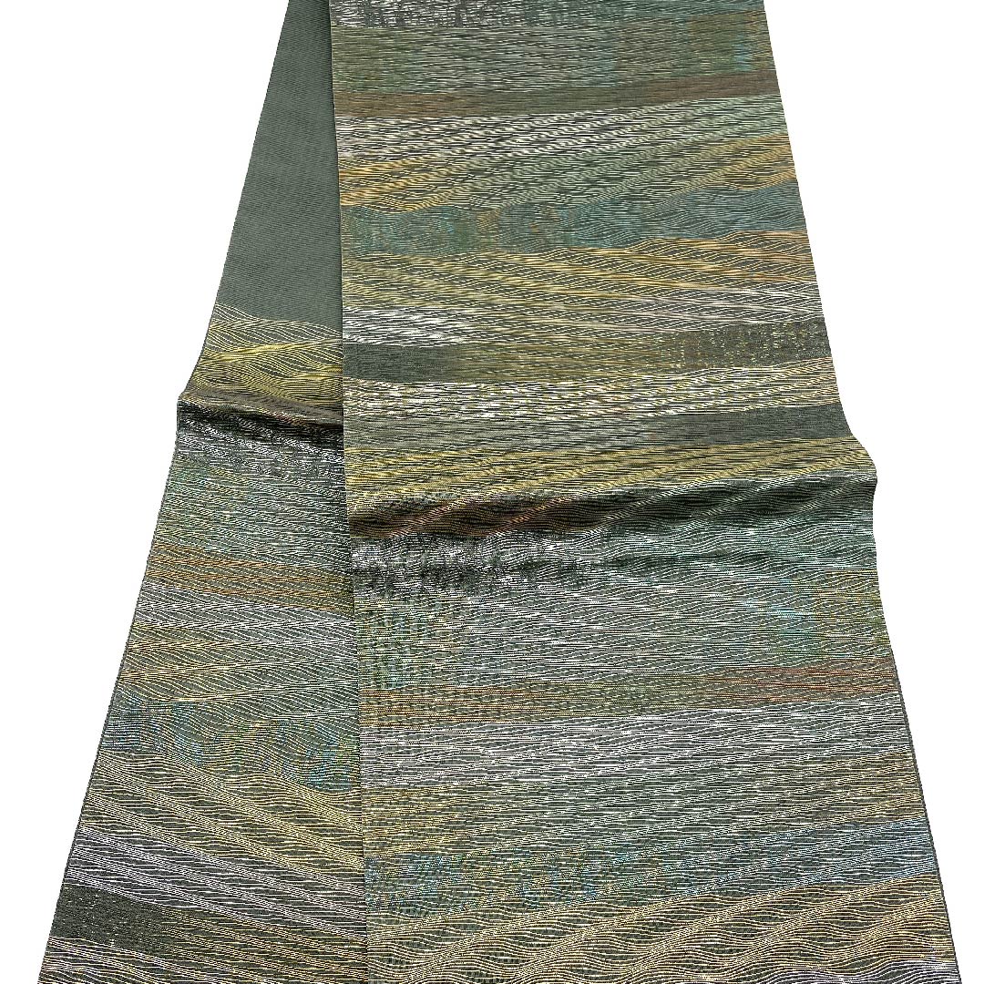 Fukuro Obi Minato Susutake Iro (Minato Susutake Iro) Summer Obi Horizontal Stripes Abstract Pattern Obi Length 428cm Pure Silk S Rank Six-Pass Semi-Formal Green 1123007262319