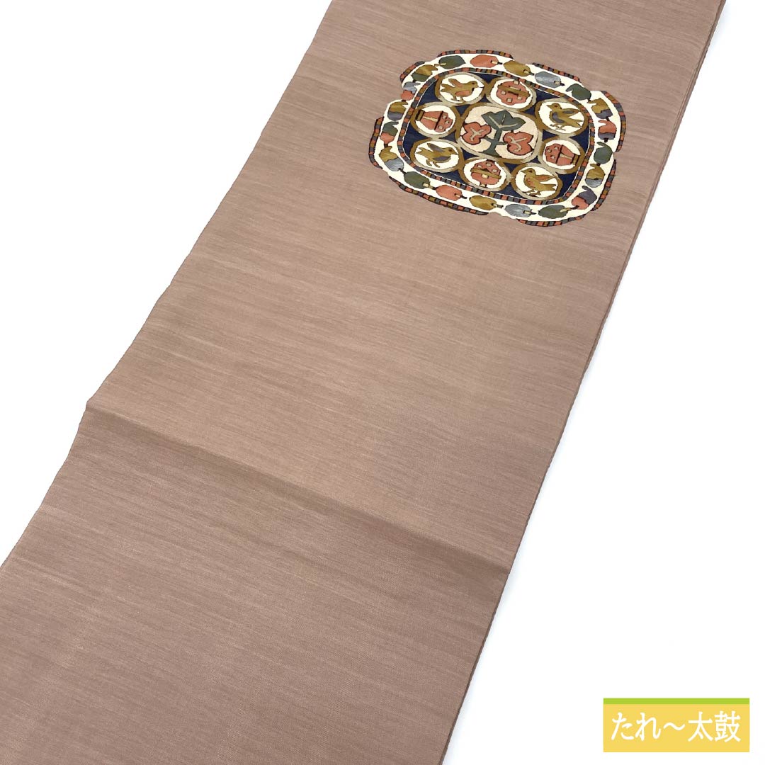 Nagoya obi, Saga gray, Tsuzure weave, Inca bird, obi length 366cm, pure silk, S rank, point pattern, casual, brown, 1124007552314, Nagoya style