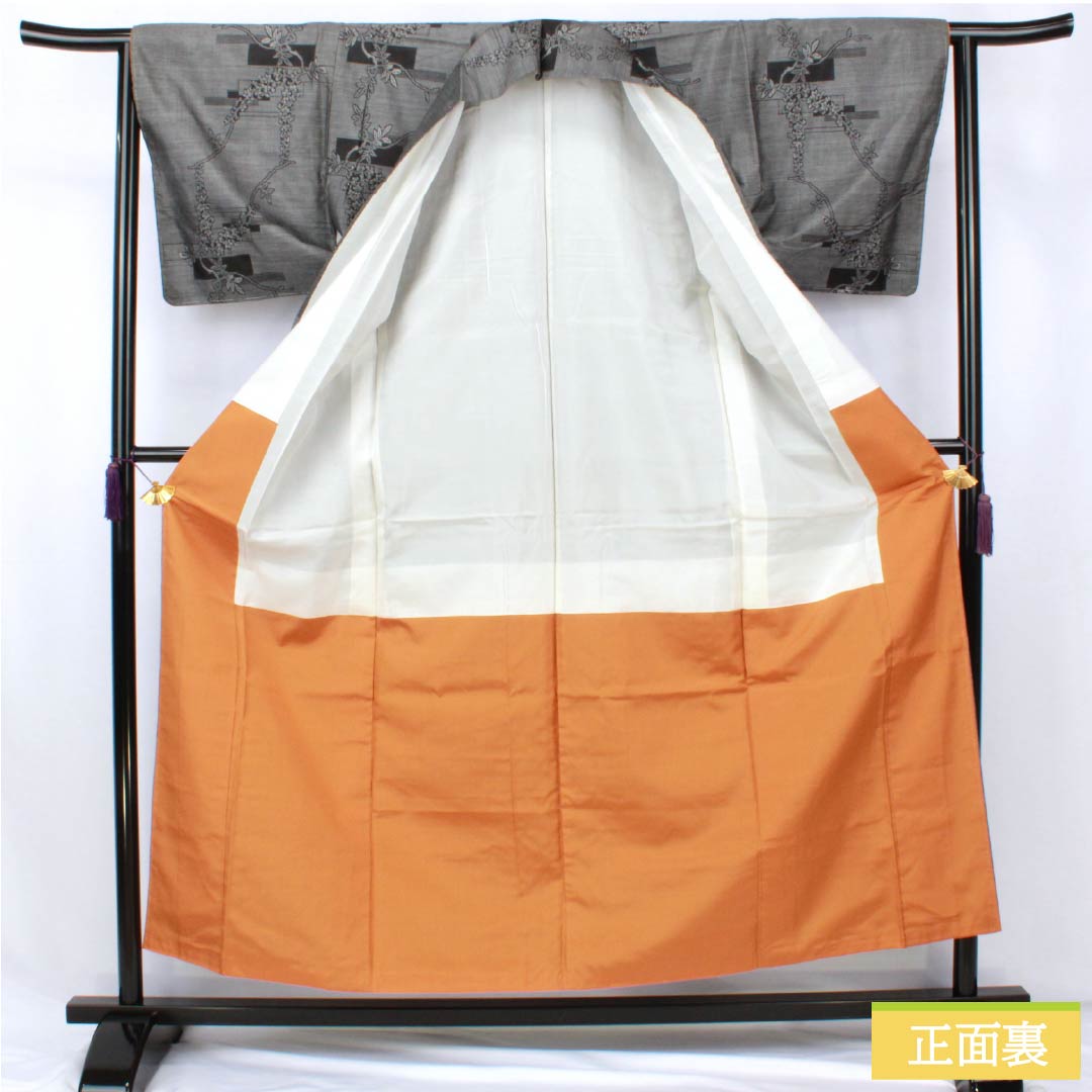 Pure silk tsumugi (pongee) kimono, S-rank, length 155.5cm, sleeve length 62.5cm, gray (haiiro), Murayama Oshima floral design, lined, with basting thread, gray-based, product number 1116004622322