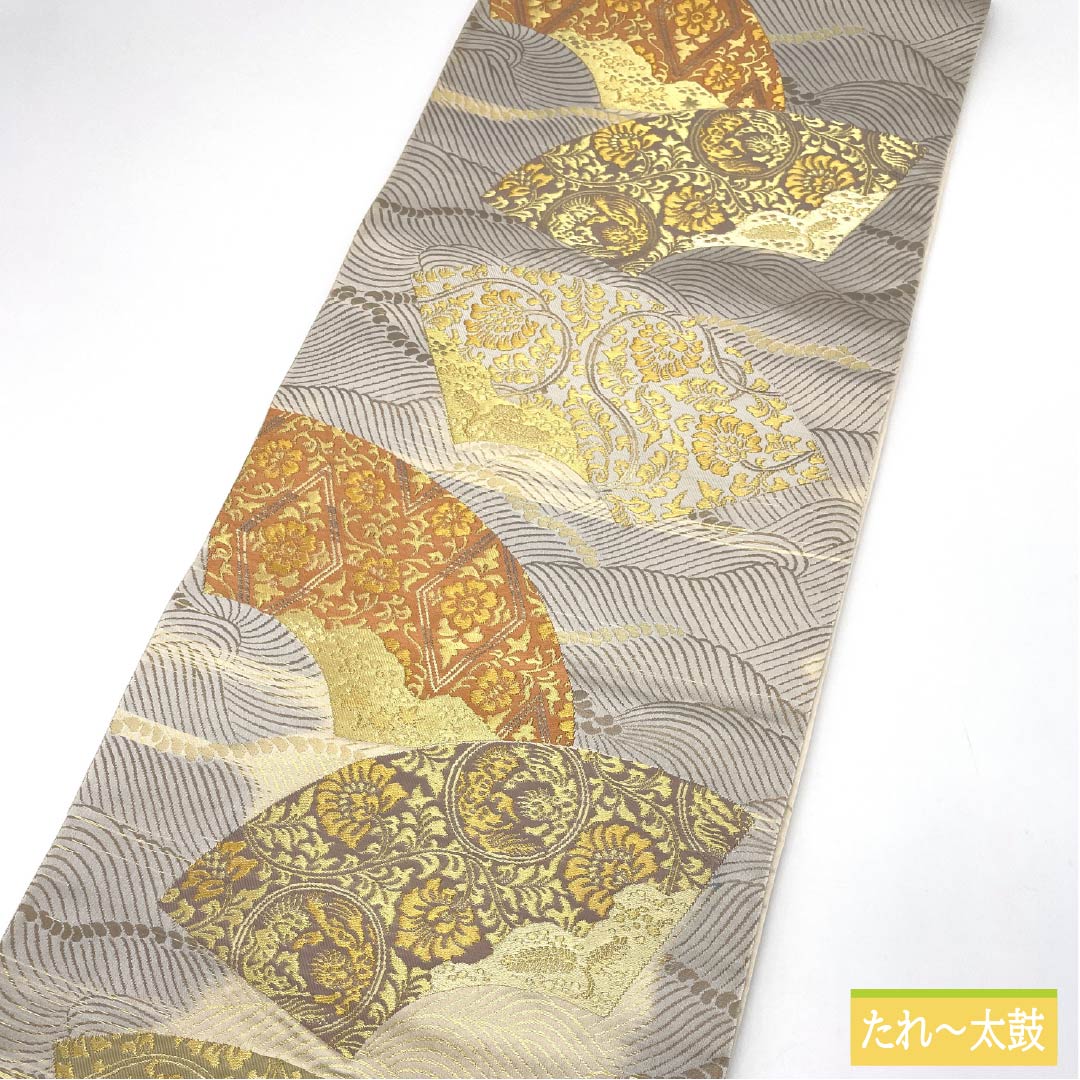 袋帯 正絹 雲井鼠色（くもいねずいろ） 留袖用 扇面 唐花 帯丈438cm Aランク 六通 フォーマル グレー系 1123014073322