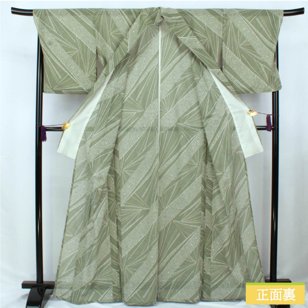 夏物 ポリエステル 小紋 身丈167cm 裄丈69.5cm 岩井茶色（いわいちゃいろ） 抽象模様 紗 Sランク 緑系 1132002392519