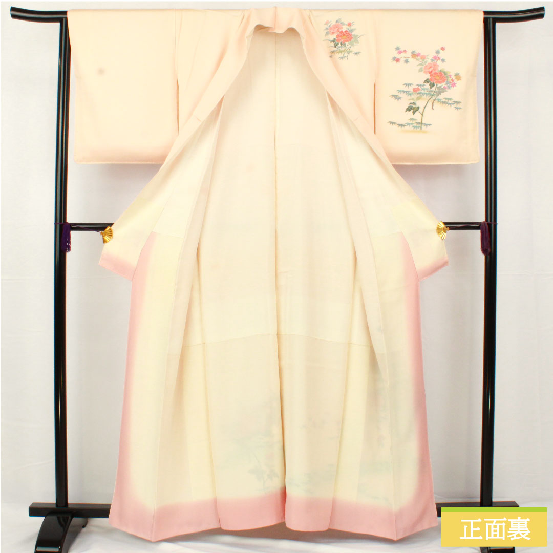 Homongi, pure silk, lined, length 161.5cm, sleeve length 63cm, maiden color, Kyo-Yuzen, floral pattern, S rank, pink, 1112005312413