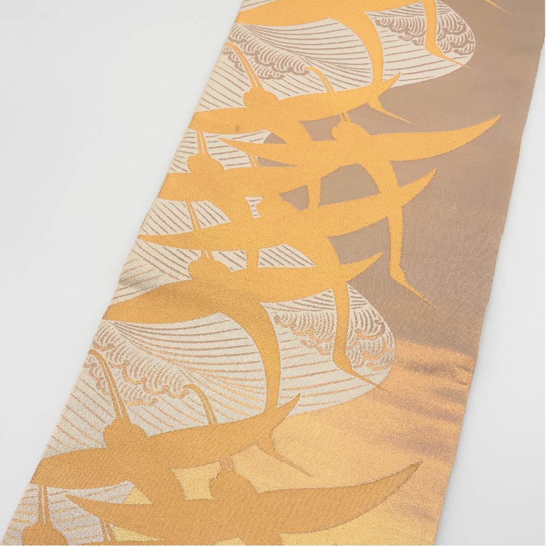 Fukuro Obi Gold Rinpa Crane Flowing Water Hikigaku Length 442cm Pure Silk A Rank Full Length Formal Gold 1123005333321