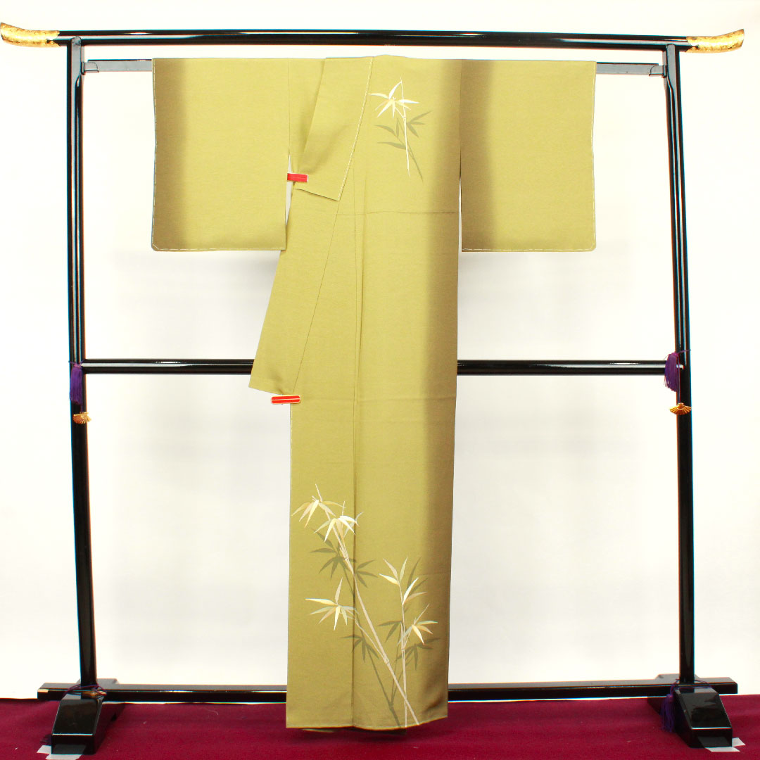 Homongi, lined, length 160.5cm, sleeve length 64cm, unused, with basting thread, dried grass color, Kyoto Yuzen, bamboo grass, pure silk, S rank, green, 1112002272419