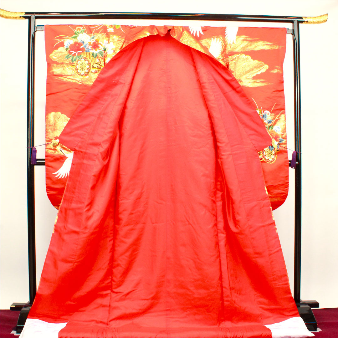 色打掛 身丈185cm  緋色 刺繡 花車 鶴 正絹 Bランク 袷 朱系 1110000264916
