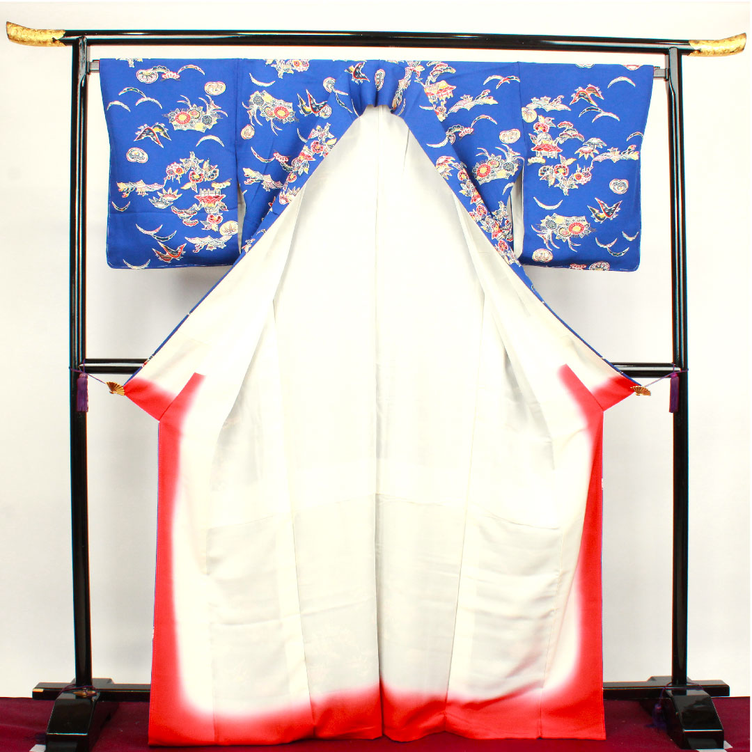 小紋 身丈170cm 裄丈67cm 袷  しつけ糸付き 未使用品 桔梗色 型染 吉祥文様  正絹 Sランク 紺系 1115003372618
