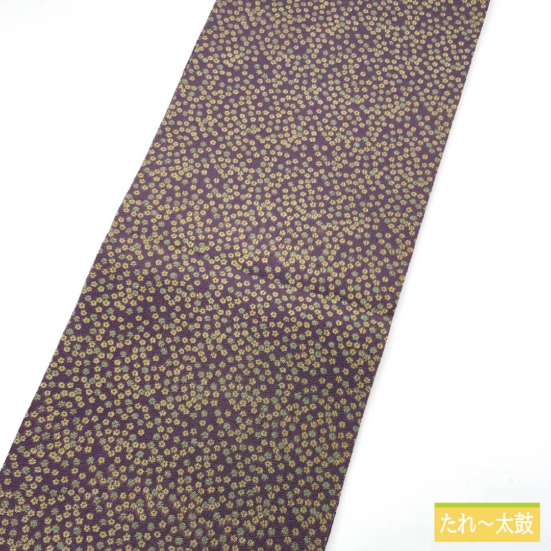名古屋帯 滅紫色（けしむらさきいろ） 染め帯 ちりめん地 小花模様 帯丈354cm 正絹 Sランク 全通 カジュアル 紫系 1124008142320 開き仕立て
