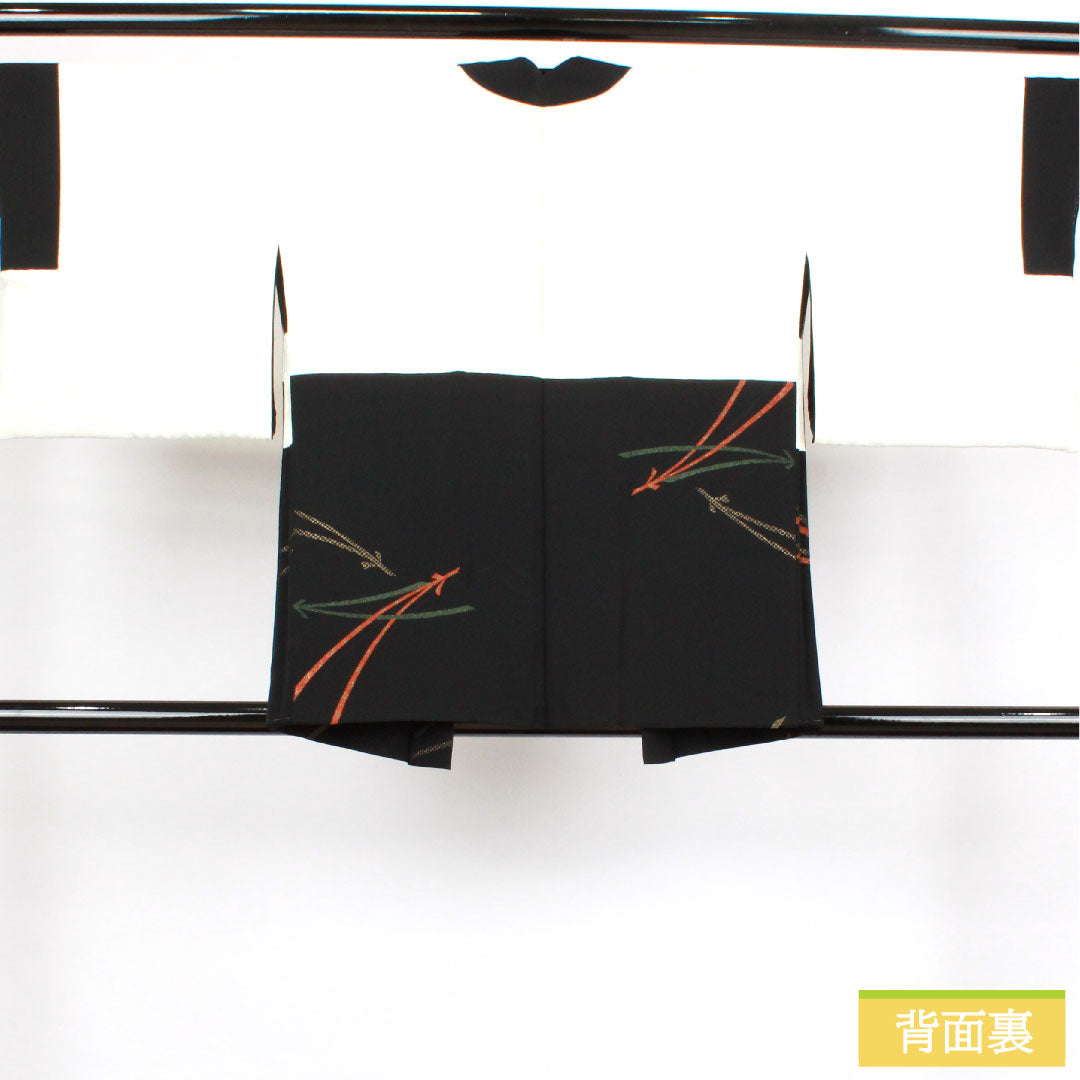 Haori, pure silk, length 78cm, sleeve length 63.5cm, black haori, pine needles, one crest, bellflower and three scales, S rank, lined, black, 1117000822910