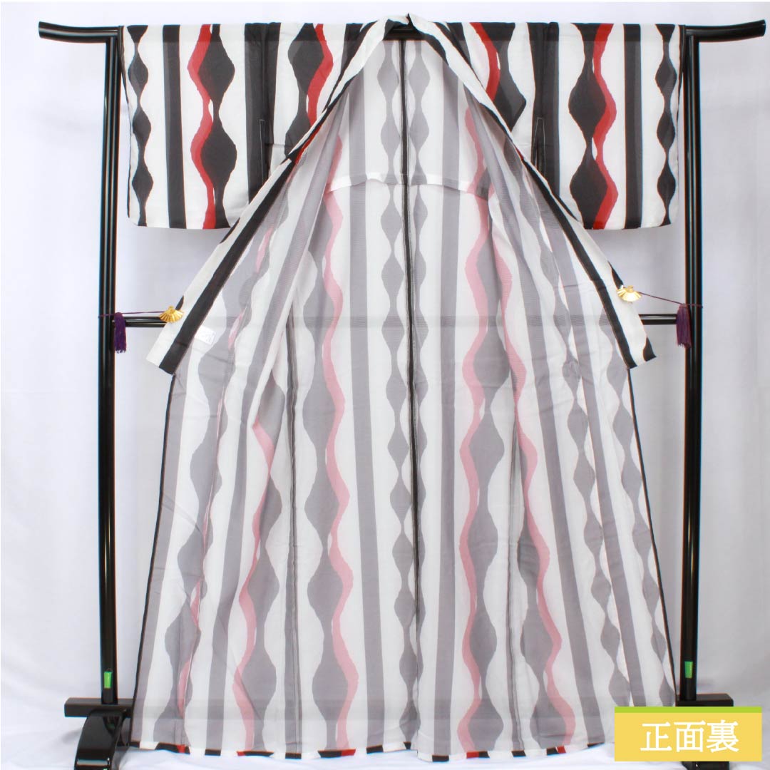 (Brand new, unused) Yukata (single-layer kimono) Polyester, Length 166cm, Sleeve Length 65cm, New Rank, White, Geometric Pattern, Tatewaku Pattern, Warp Stripes, Product Number: 1118005721511