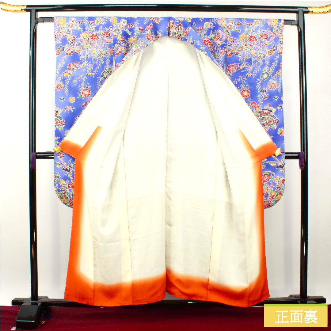 Furisode, pure silk, length 156cm, sleeve length 62.5cm, lined, Kyoto Bingata, auspicious pattern, A rank, navy blue, 1113001893318