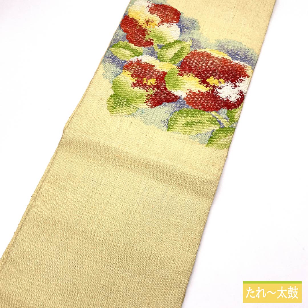 名古屋帯 魚子黄色（ぎょしこういろ） 紬地 花模様 帯丈359cm 正絹 Sランク ポイント柄 カジュアル 黄系 1124008182323 松葉仕立て