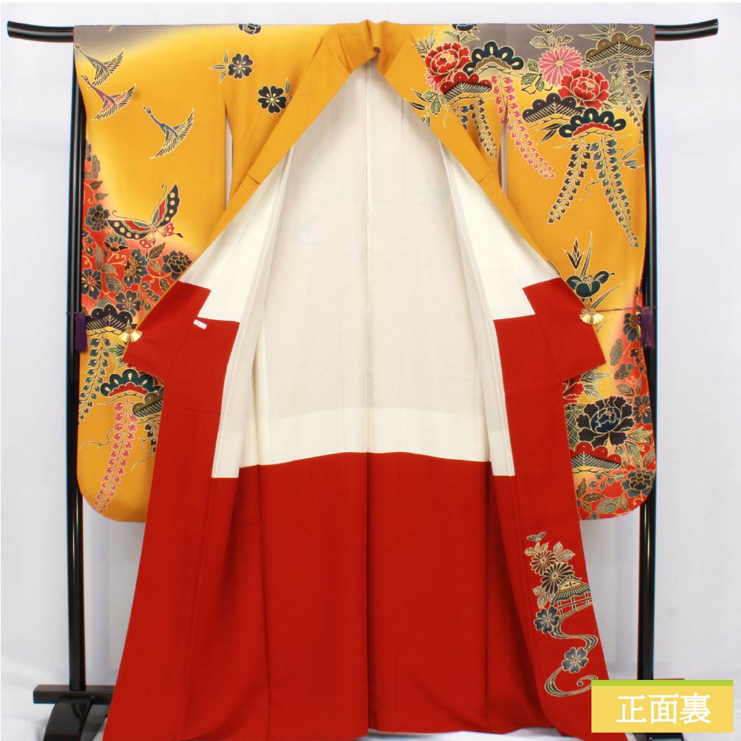 Furisode Pure Silk S Rank Length 164cm Sleeve-to-sleeve 67cm Lined Wheat-colored Kyoto Red Dye Auspicious Design Butterfly Pine Pearl Tone Processing Orange system 1113002332426