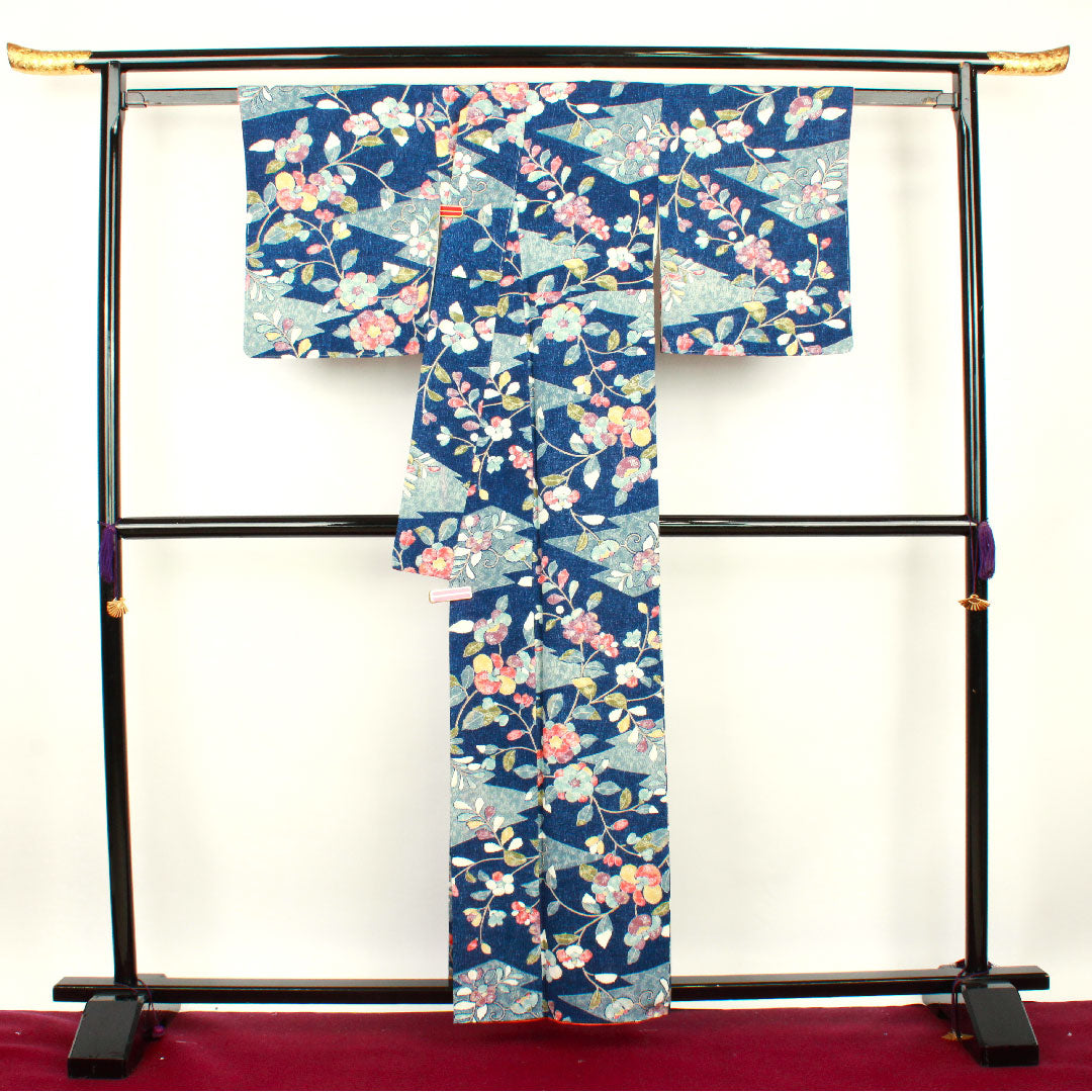 小紋 身丈158cm 裄丈64cm 袷  紺桔梗色 草花模様  正絹 Sランク 紺系 1115002512318