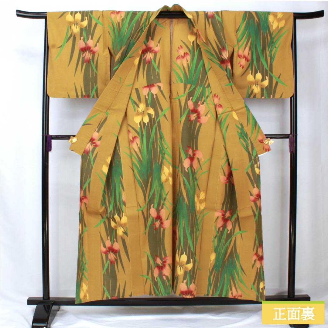 Cotton Yukata, Length 153.5cm, Sleeve Length 67cm, Rank A, Single Layer, Yellow, Magnolia, Iris Design, Product Number: 1118005803223