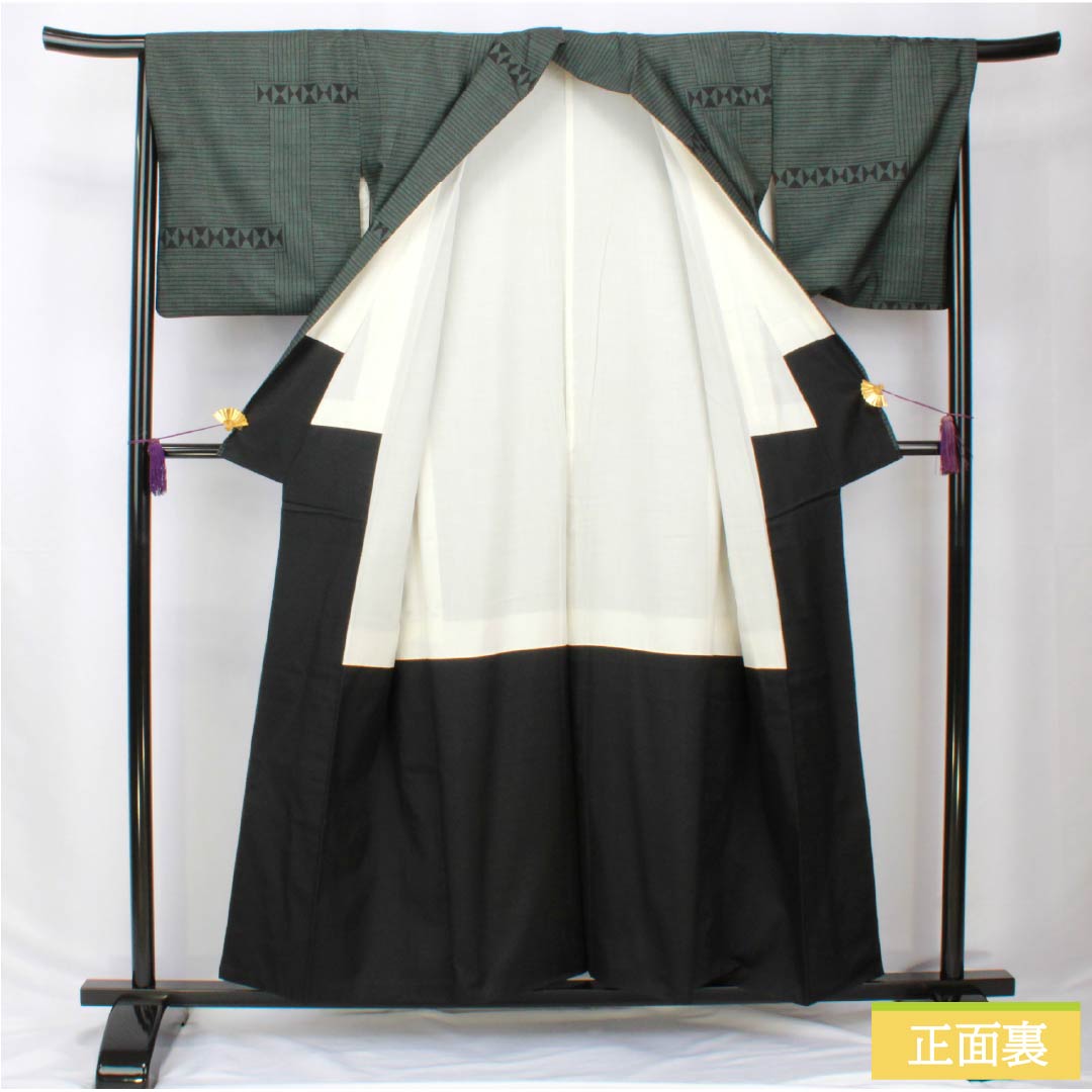 紬 正絹 Bランク 身丈156.5cm 裄丈66cm 島松鼠色（しままつねずいろ） 大島紬 一元絣 7マルキ 袷 緑系 1116004104319