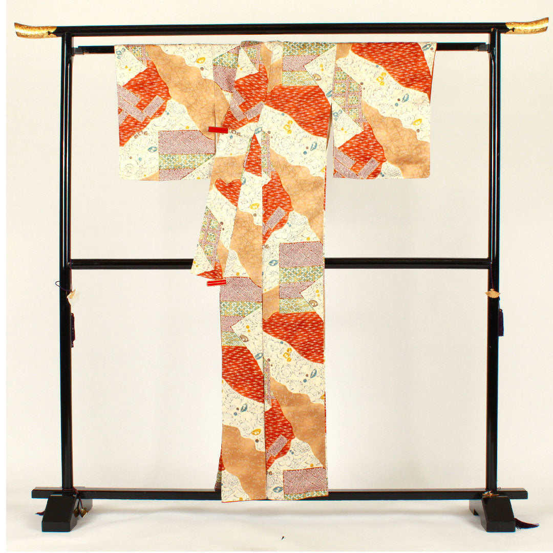 小紋 身丈157cm 裄丈65.5cm 袷  辻ヶ花 七宝 染疋田  正絹 Aランク クリーム系 1115001993315