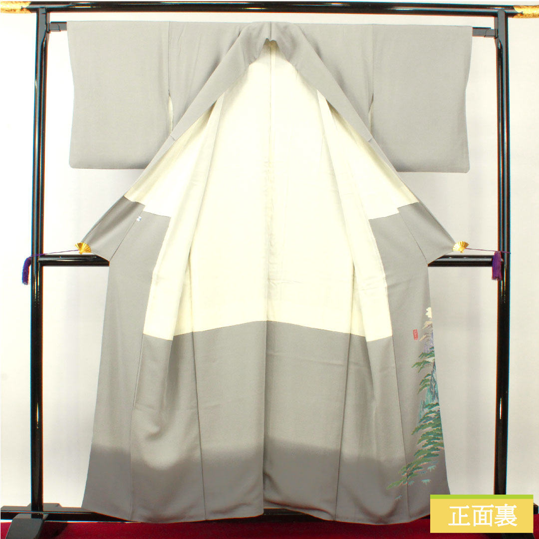 Colored Tomesode, pure silk, length 157cm, sleeve length 63.5cm, lined, tin color, landscape pattern, three crests, ivy, artist's work, Hida Takayama, pearl tone finish, A rank, gray, 1111001363322
