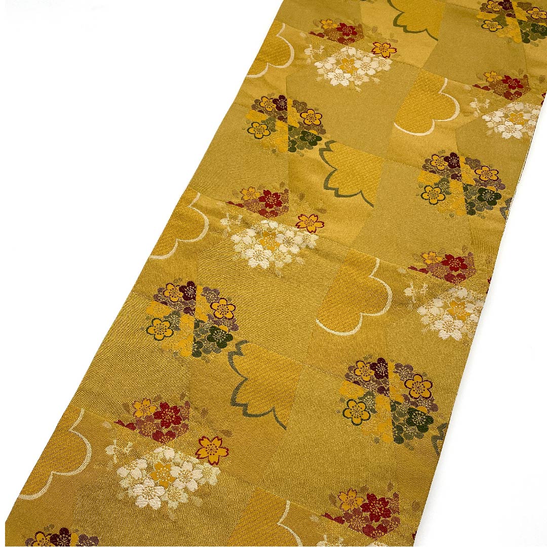Nagoya obi, Kyobukuro obi, Umedani astringent color, cherry blossom, plum, checkered pattern, obi length 392cm, poly, A rank, full length, semi-formal, yellow, 1124003353323, open style